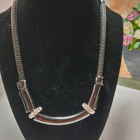 3/$30 Thick Gun Metal Snake Chain Choker Collar Necklace White Rhinestones 16" - Picture 3 of 8